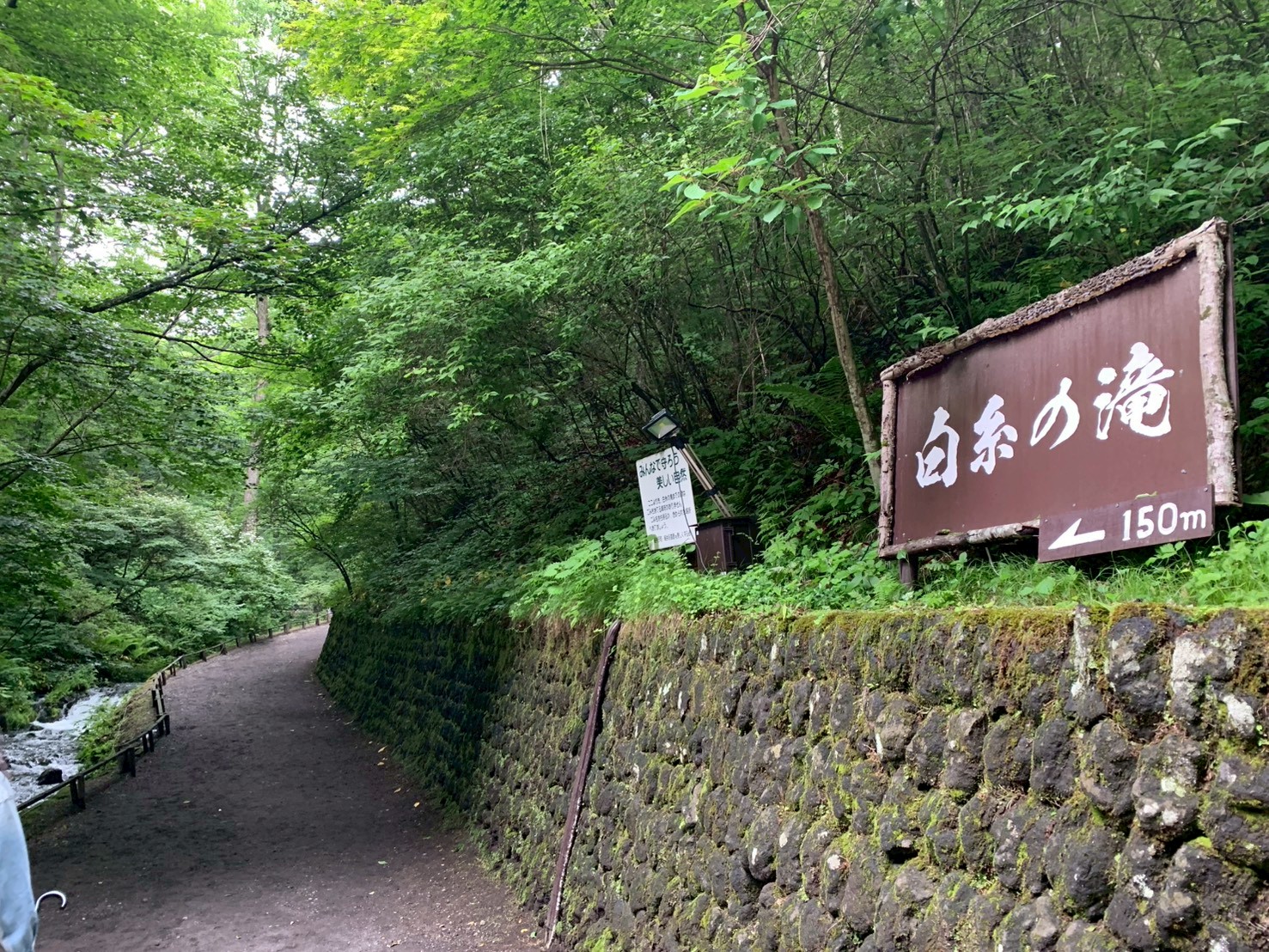白糸の滝まで150mと書かれた入口付近の案内看板と緑に囲まれた道