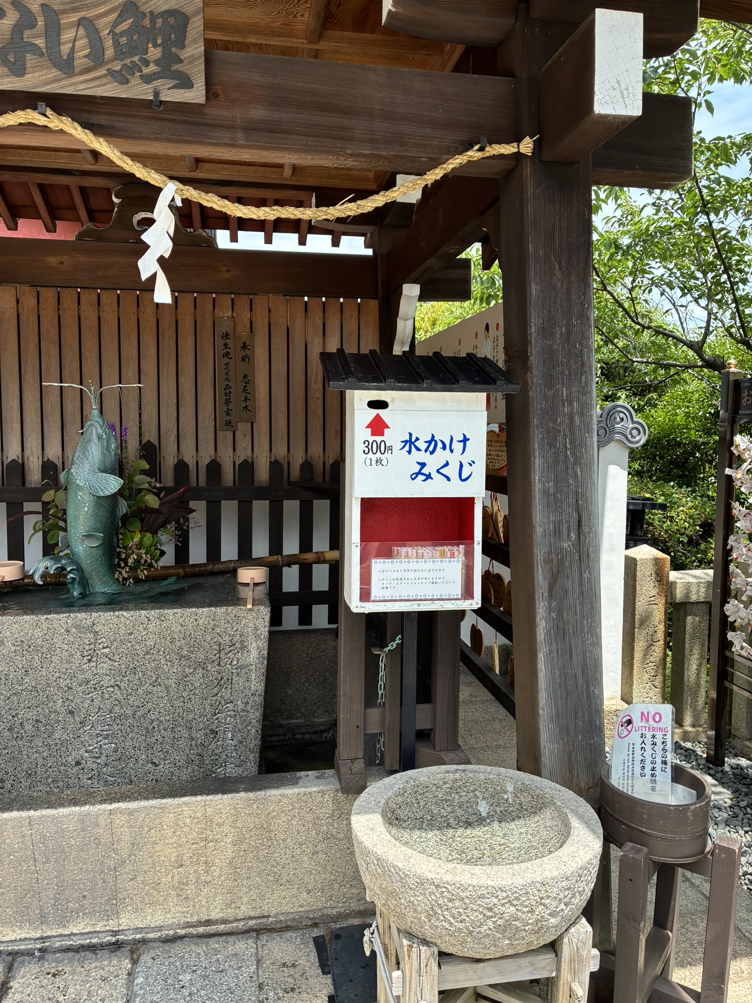 神戸北野天満神社の水かけみくじの案内と手水鉢