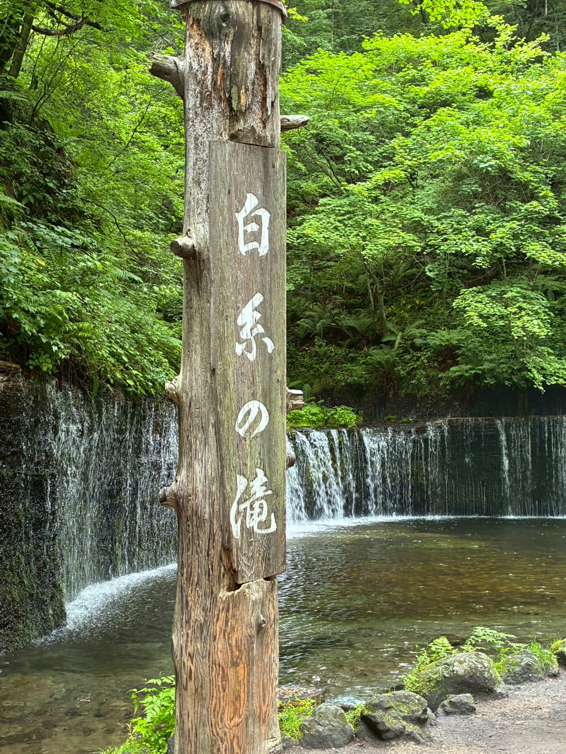 白糸の滝の木製看板と滝の風景