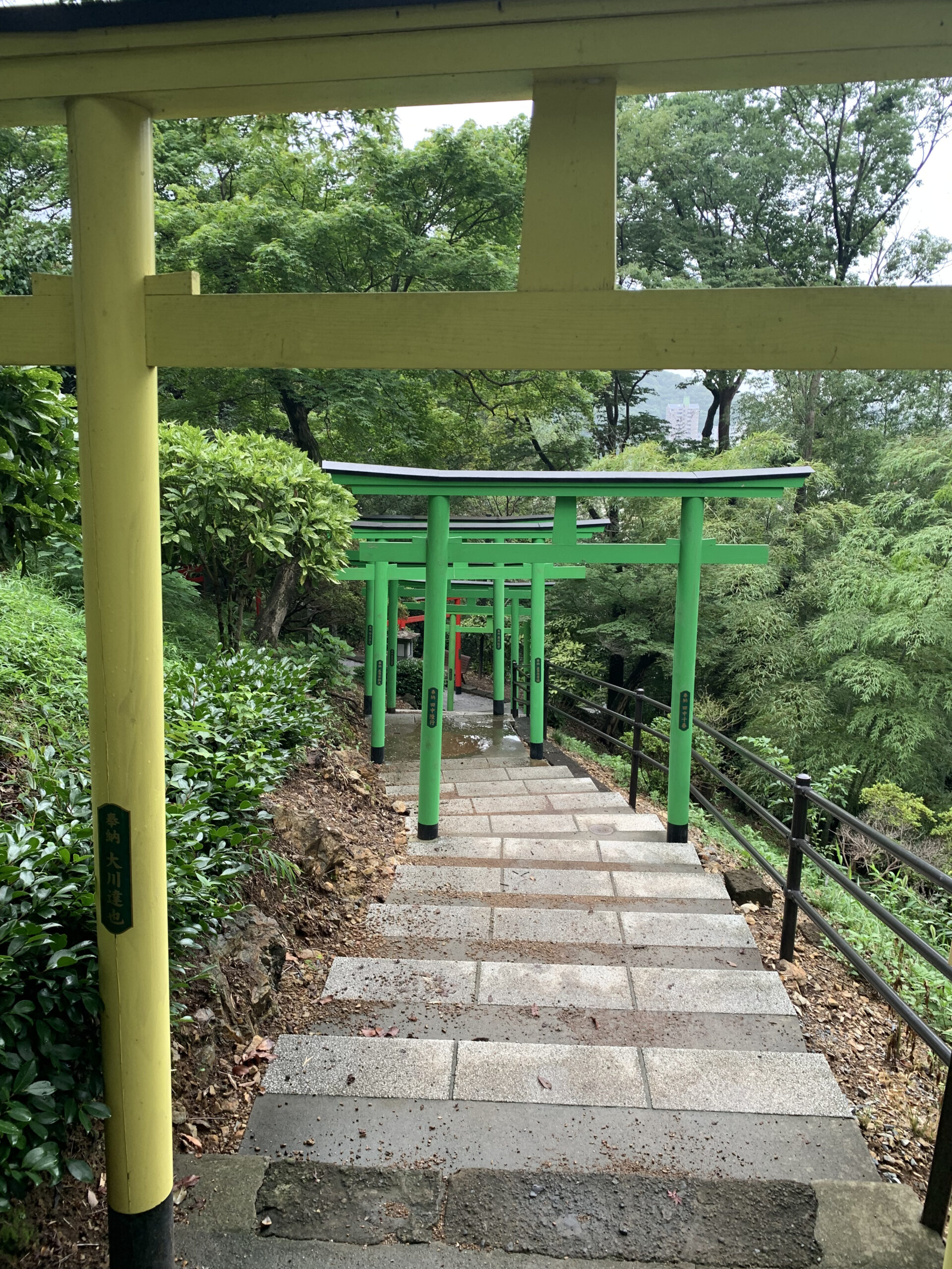雨で濡れた階段と七色の鳥居が続く縁結び坂