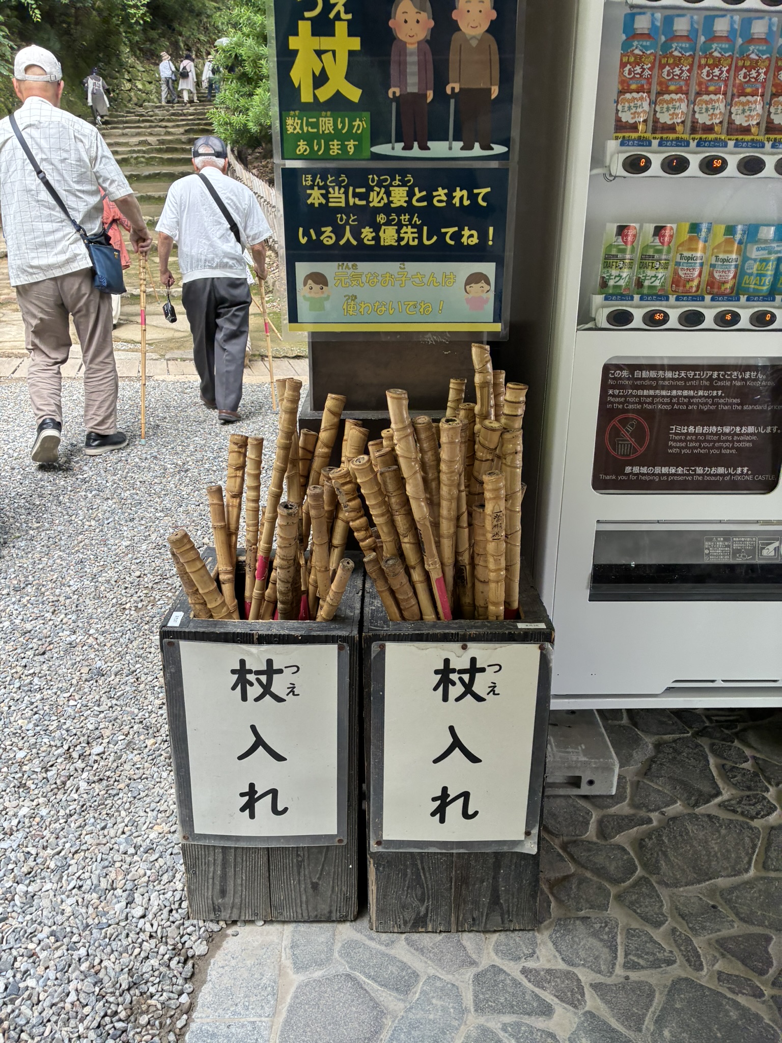 彦根城の登城口に用意された無料の竹の杖