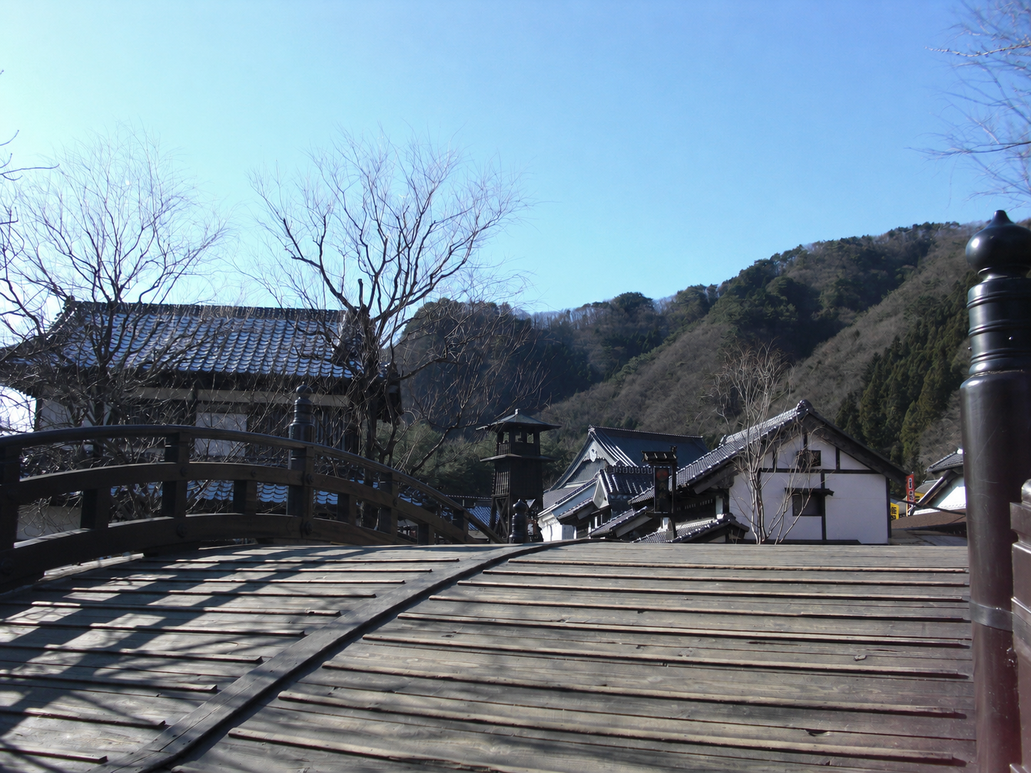 日光江戸村の木の橋と山並みの風景