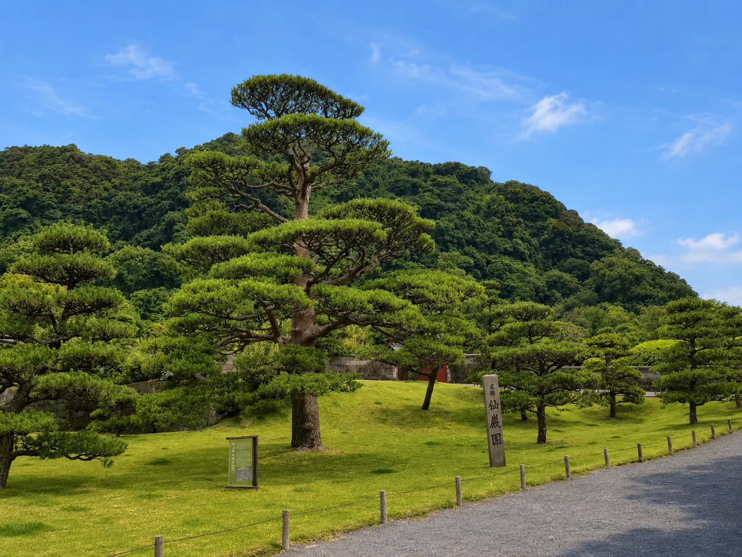 仙巌園の看板と美しく整えられた庭園