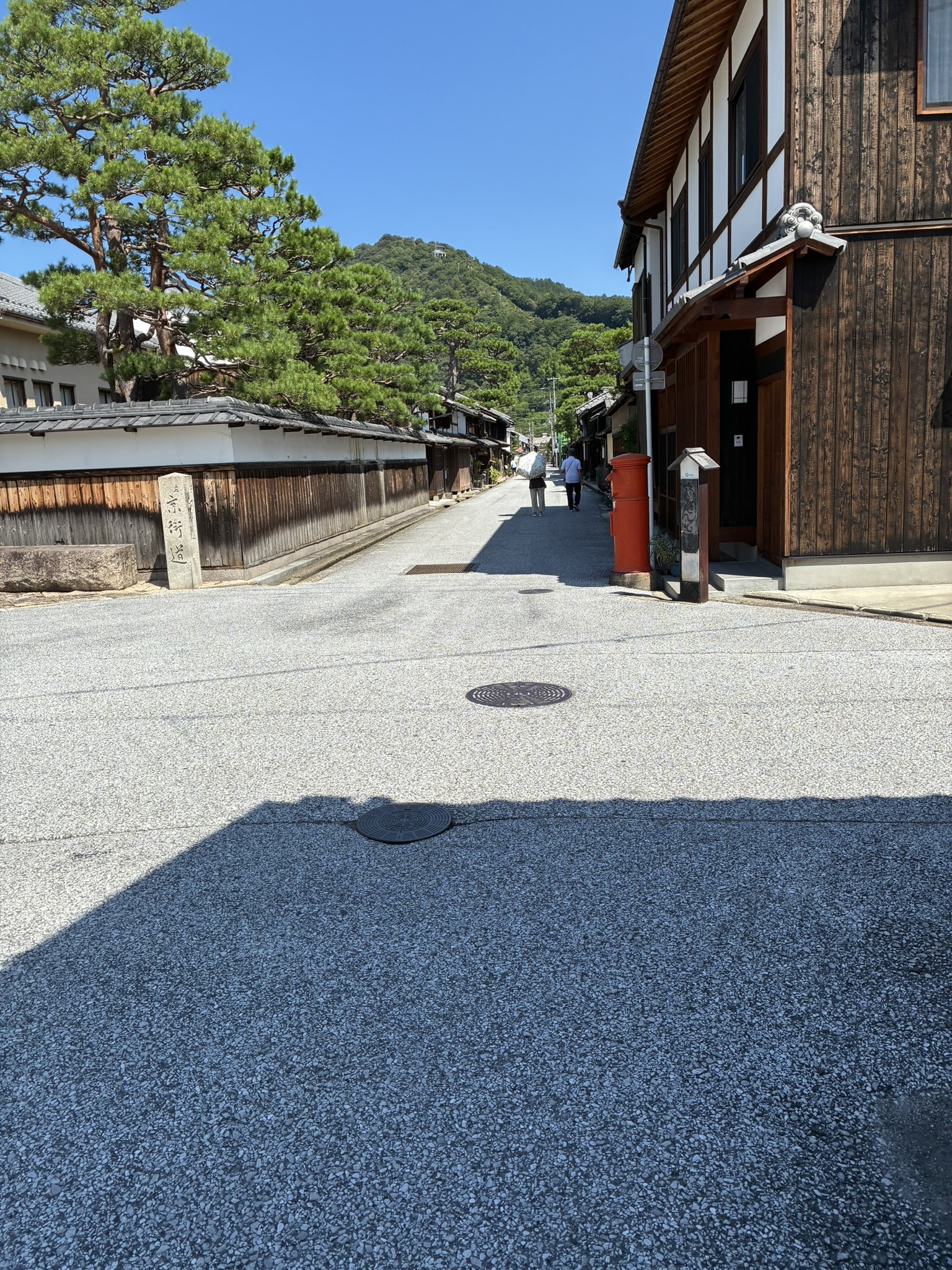 白壁と松の木が続く近江八幡の石畳の散策路