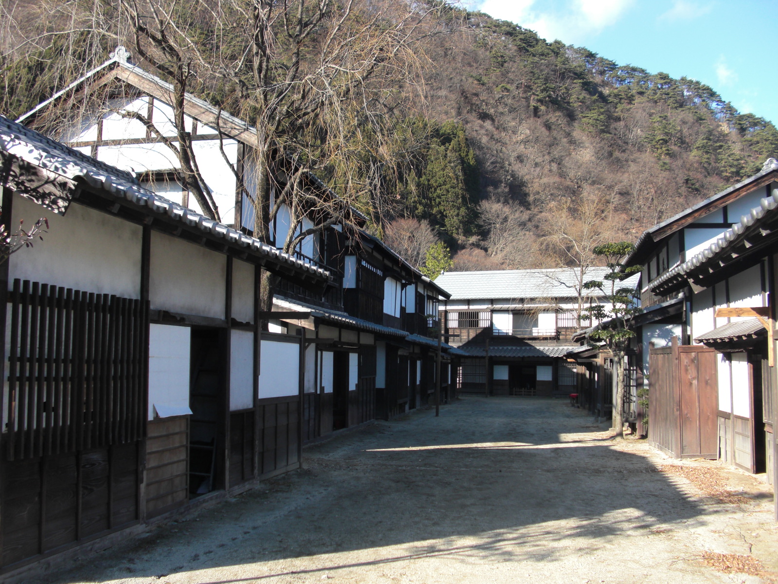 日光江戸村の長屋風の町並みと山の風景