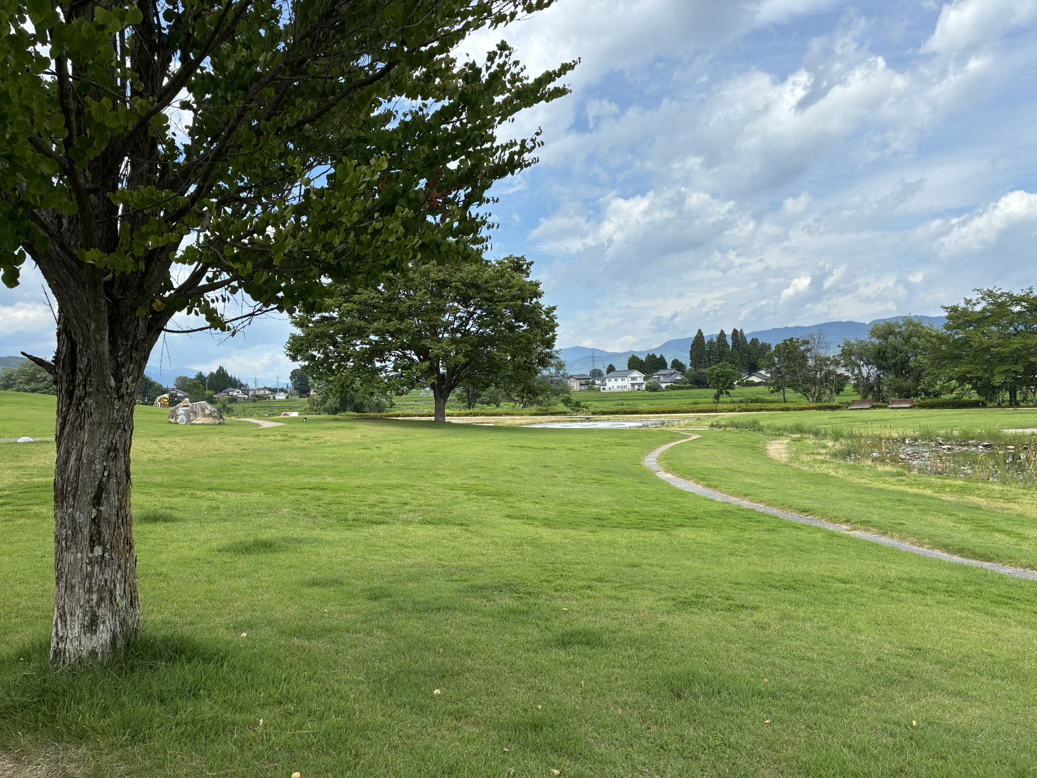 安曇野ちひろ公園の芝生広場と木々の向こうに見える山並み