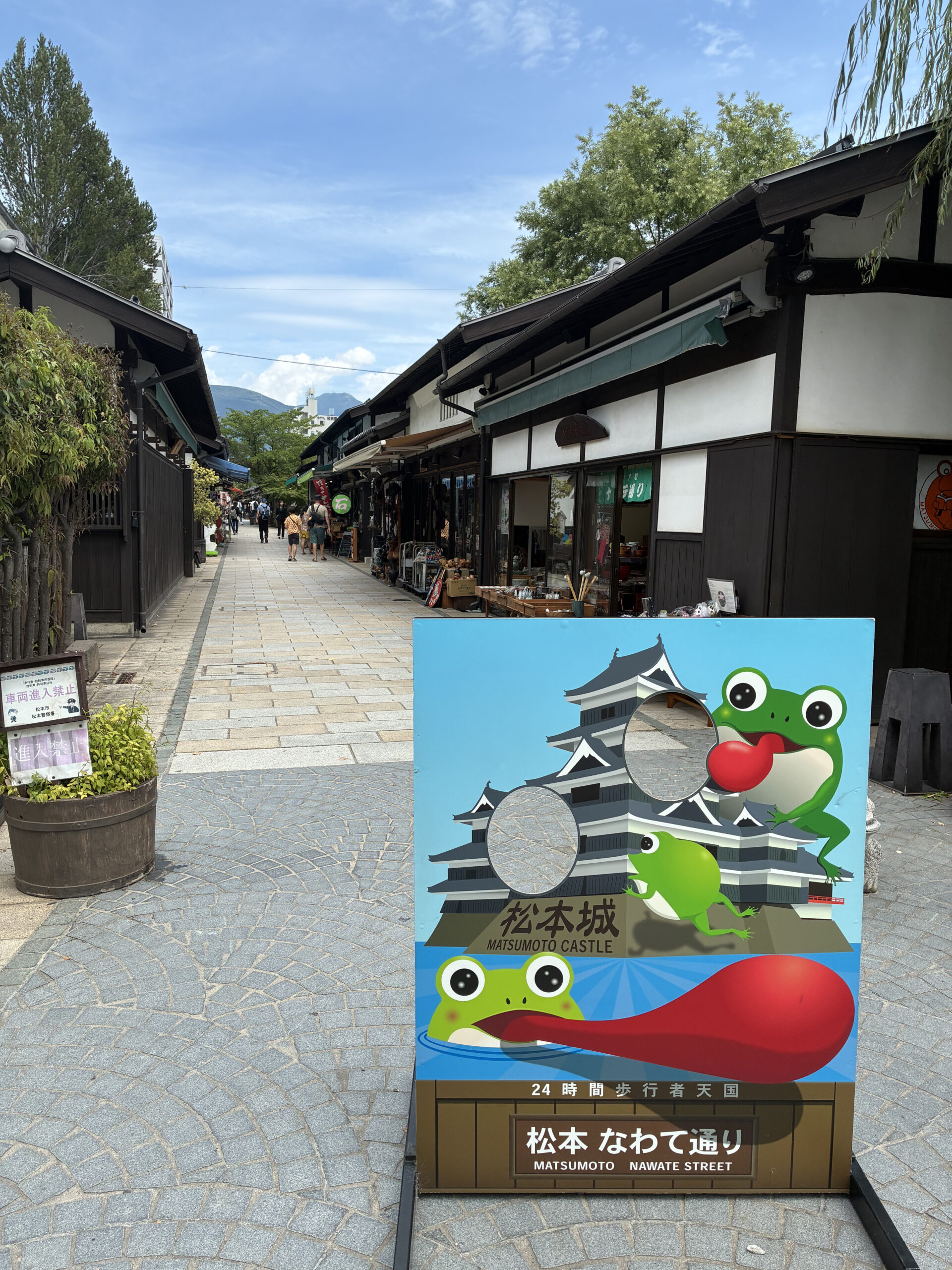 松本なわて通りのカエルの顔出しパネルと歩行者天国の商店街