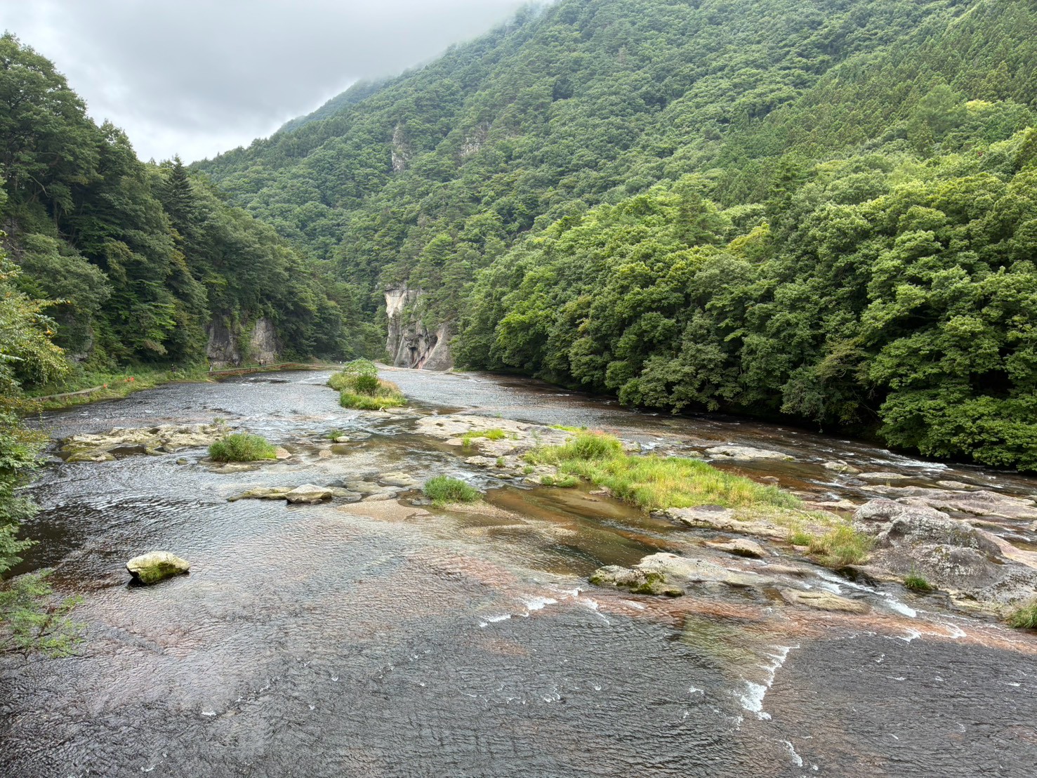 緑の山々に囲まれた吹割渓谷の川と岩場の全景